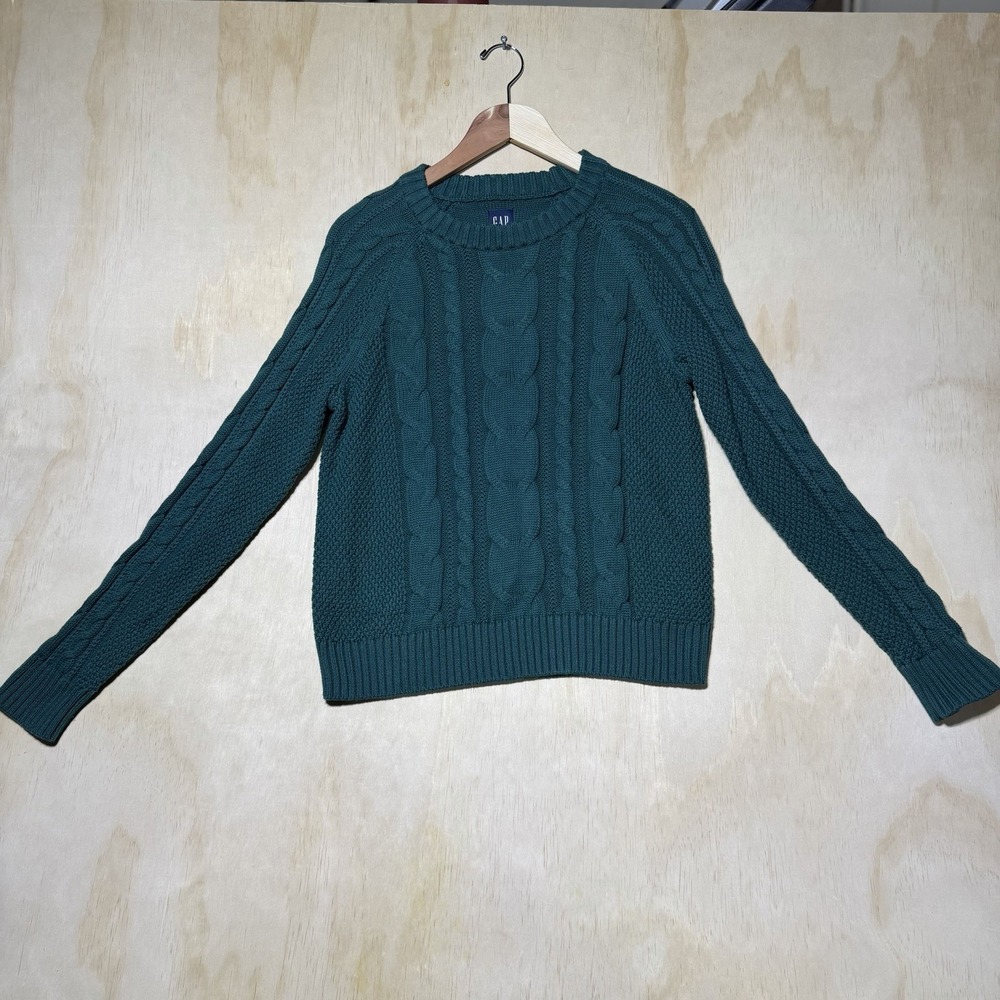 GAP Cable Knit Sweater Womens Small Green Crew Neck Cotton Fisherman Classic